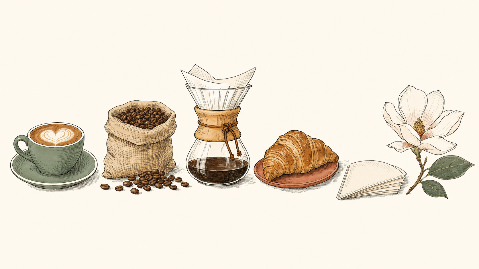 Illustrated latte, pour-over kettle, espresso cup, coffee beans, and a magnolia