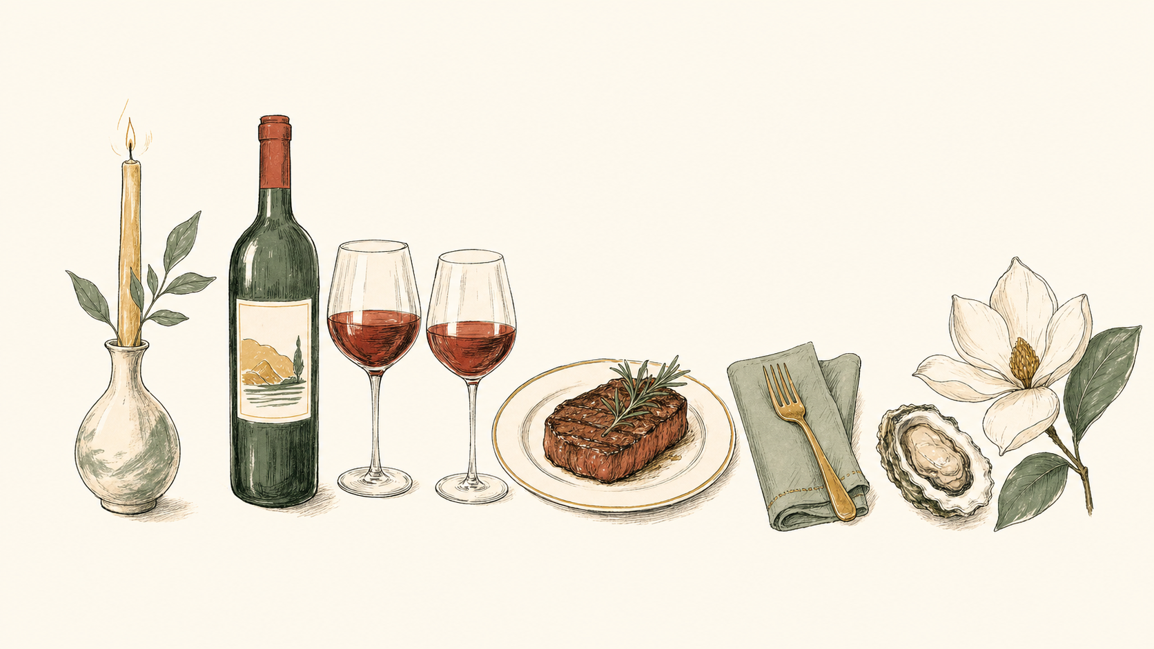 Illustrated candle, wine glasses, plated dish, dessert, and a magnolia