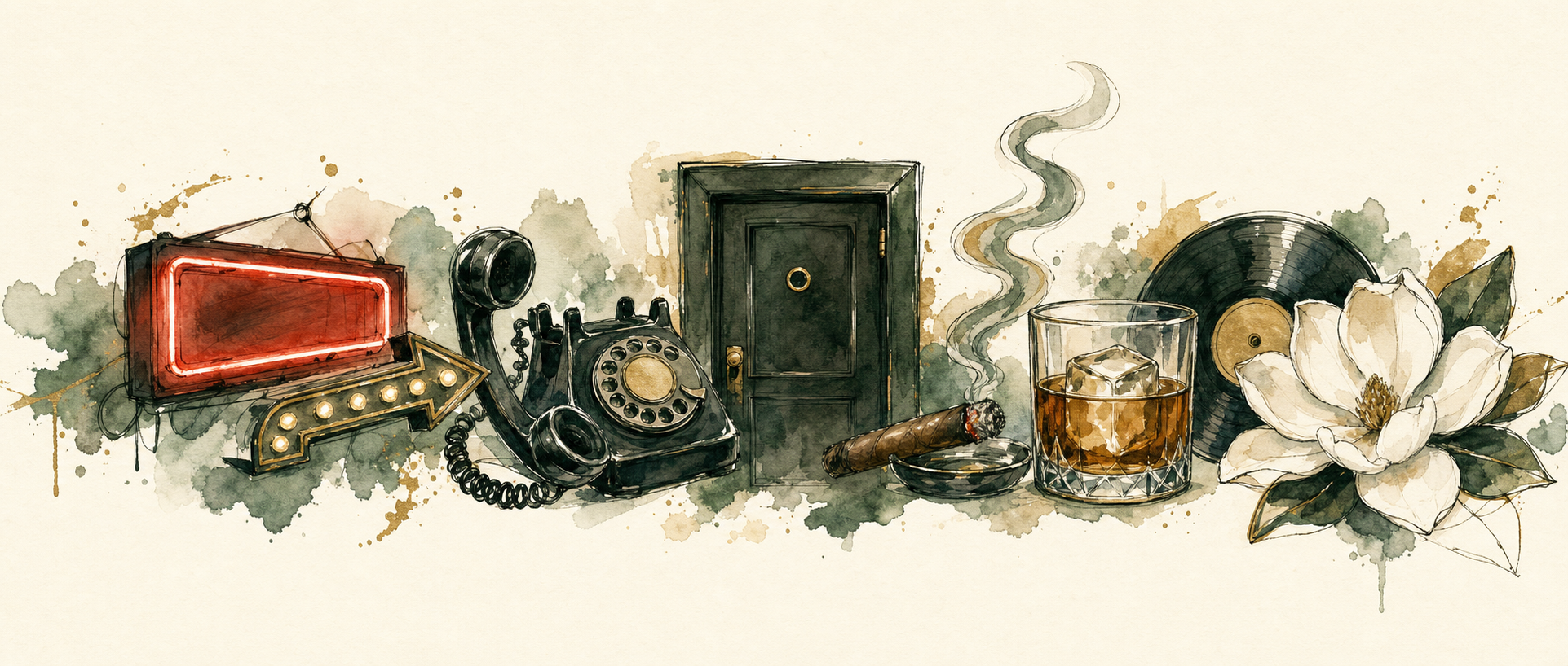 Illustrated neon sign, rotary phone, cigar with smoke, cocktail glass, vinyl record, and a magnolia