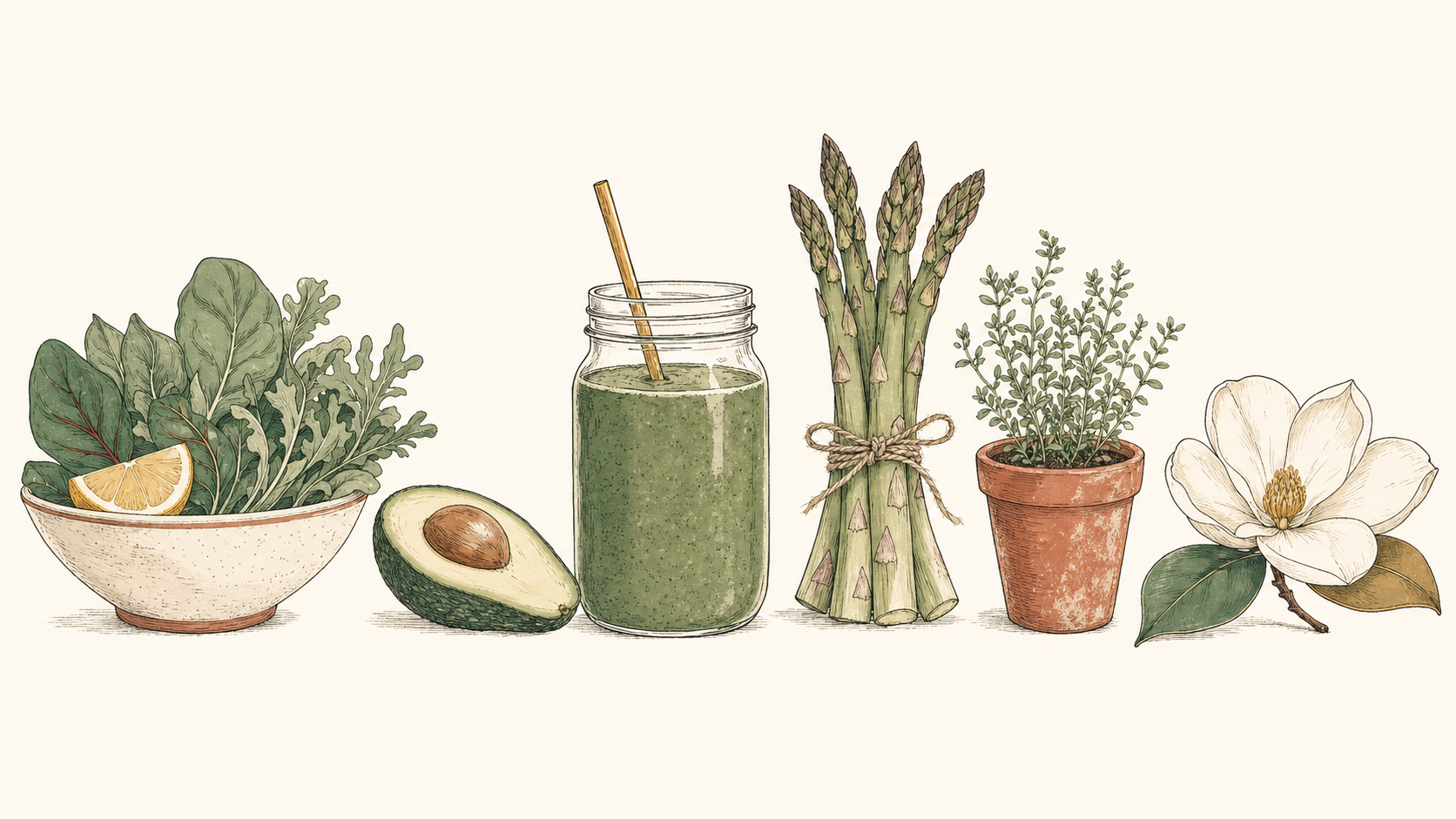 Illustrated grain bowl, green juice, avocado half, salad, and a magnolia