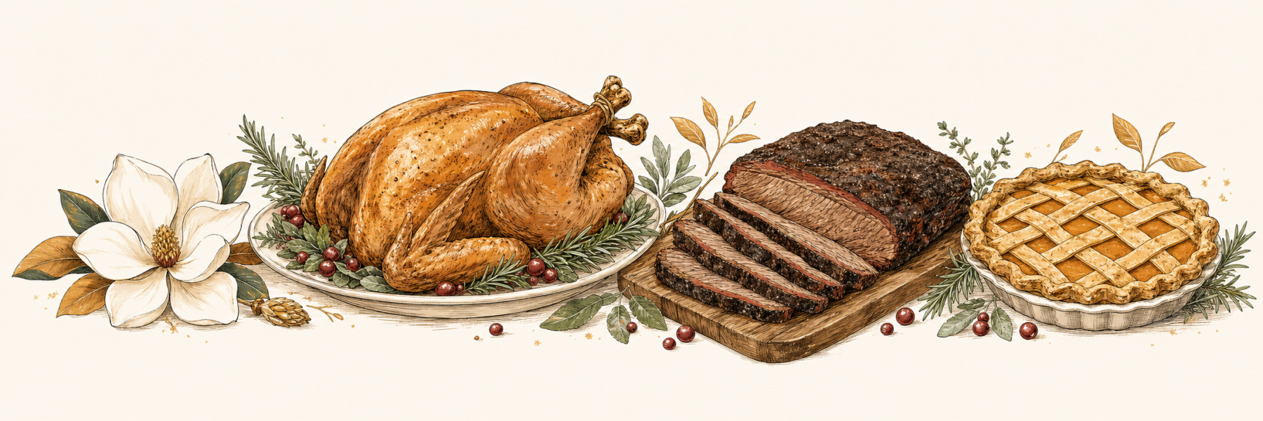 Illustrated whole roasted turkey, sliced brisket on a wooden board, pumpkin pie with lattice, and a magnolia
