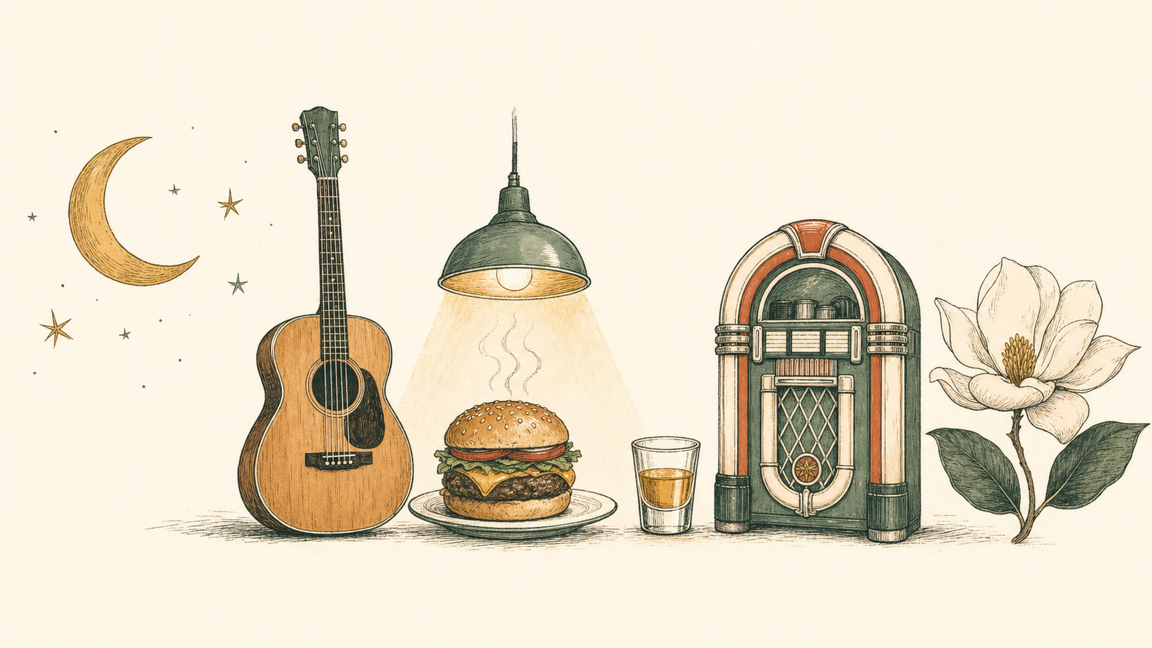 Illustrated crescent moon, neon sign, late-night burger, cocktail glass, and a magnolia