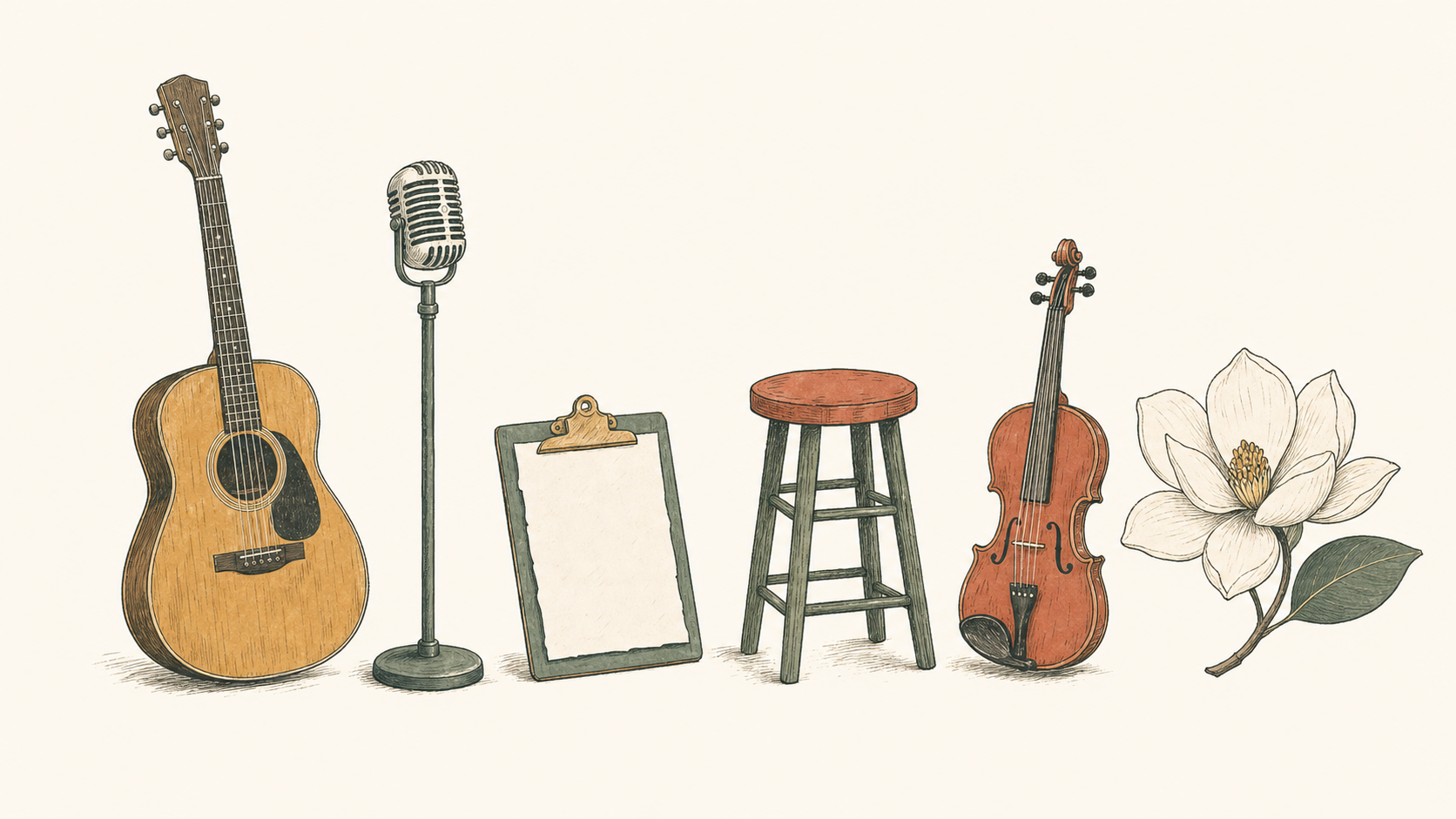 Illustrated acoustic guitar, microphone, plate of food, wine glass, and a magnolia