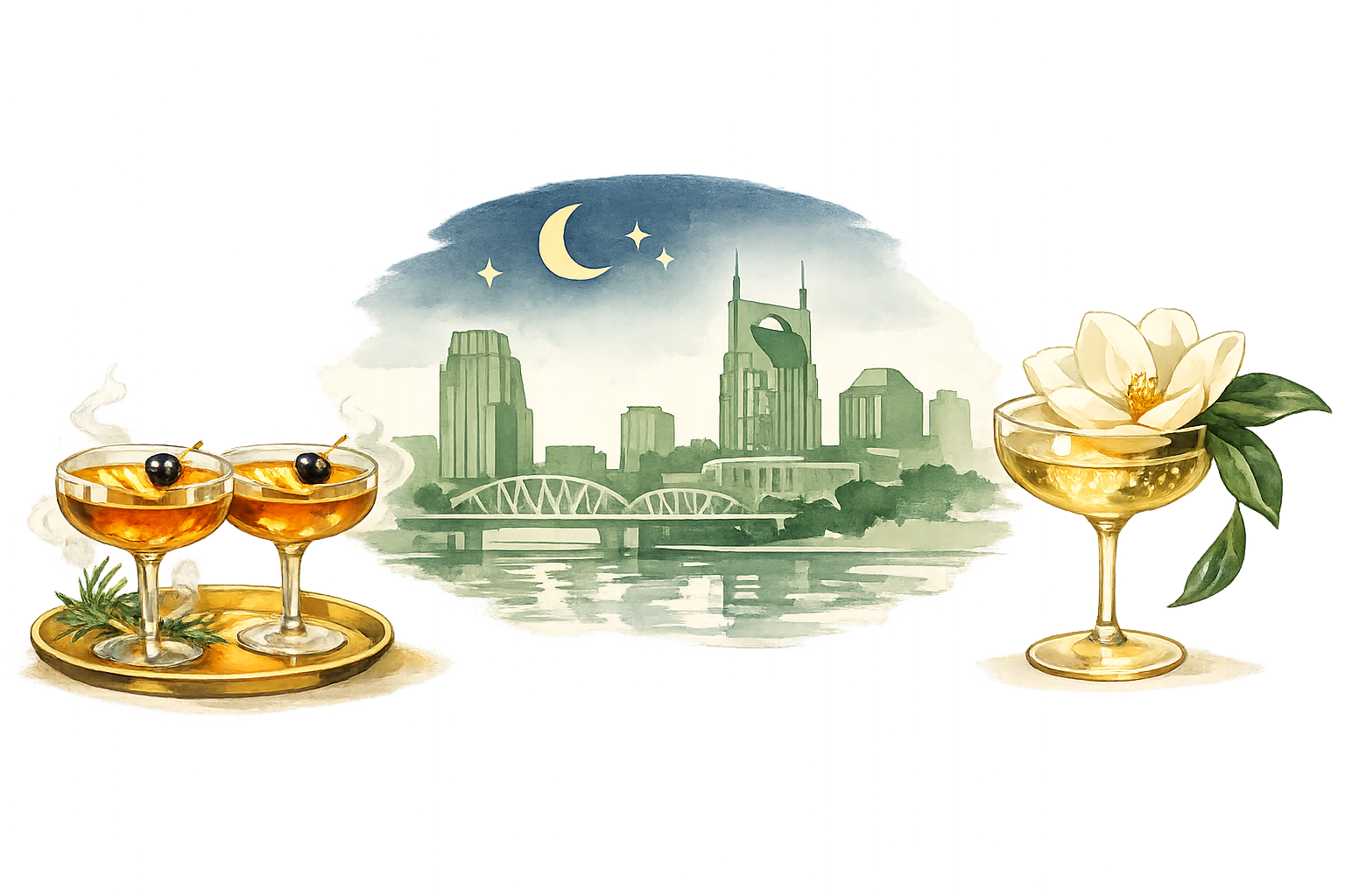 Illustrated cocktail coupes, Nashville skyline silhouette, and a magnolia