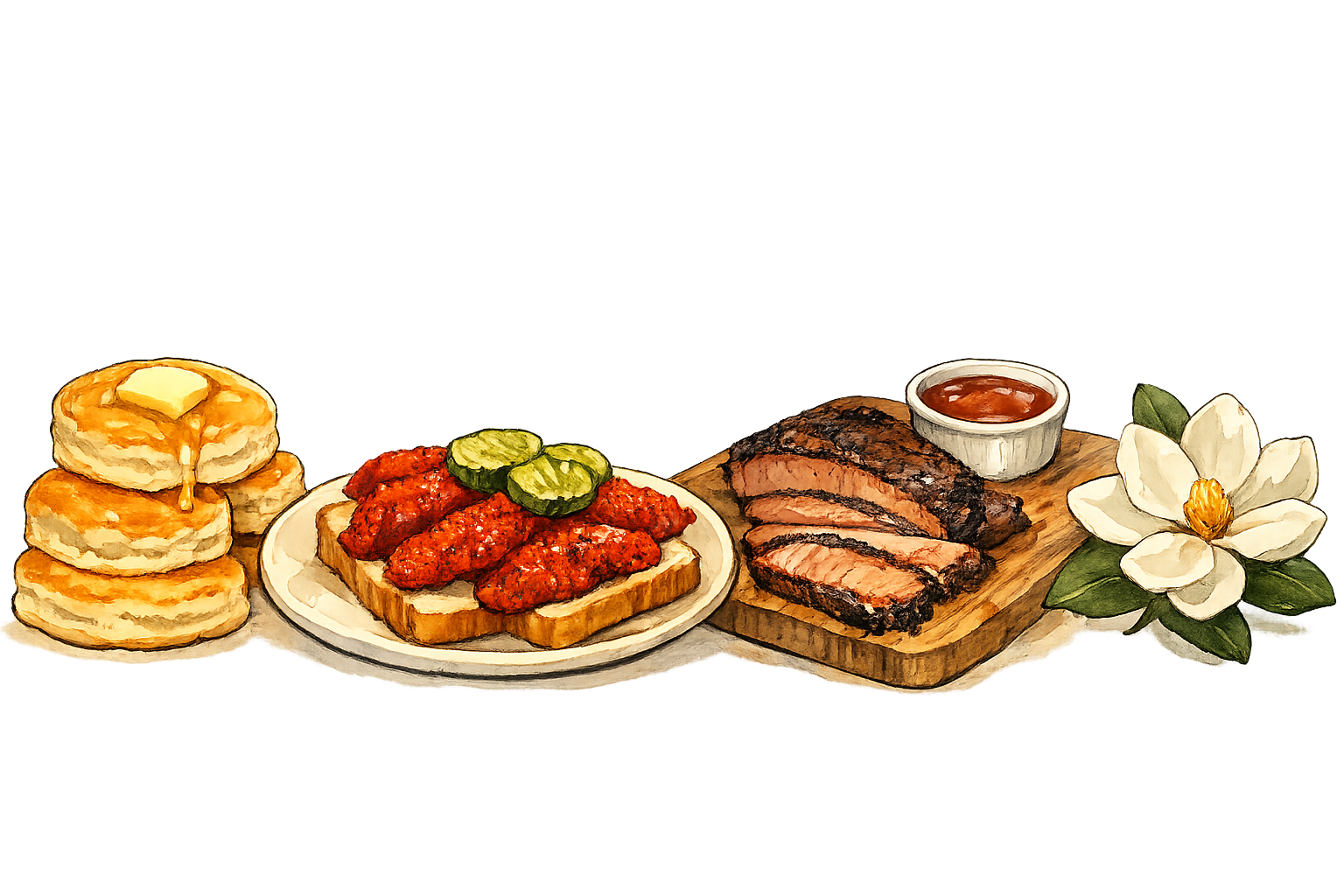 Illustrated biscuits, hot chicken, and BBQ with a magnolia