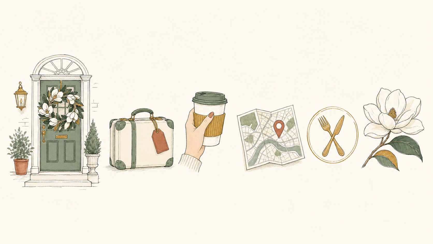 Illustrated key on ribbon, front door, welcome mat, coffee mug, and a magnolia