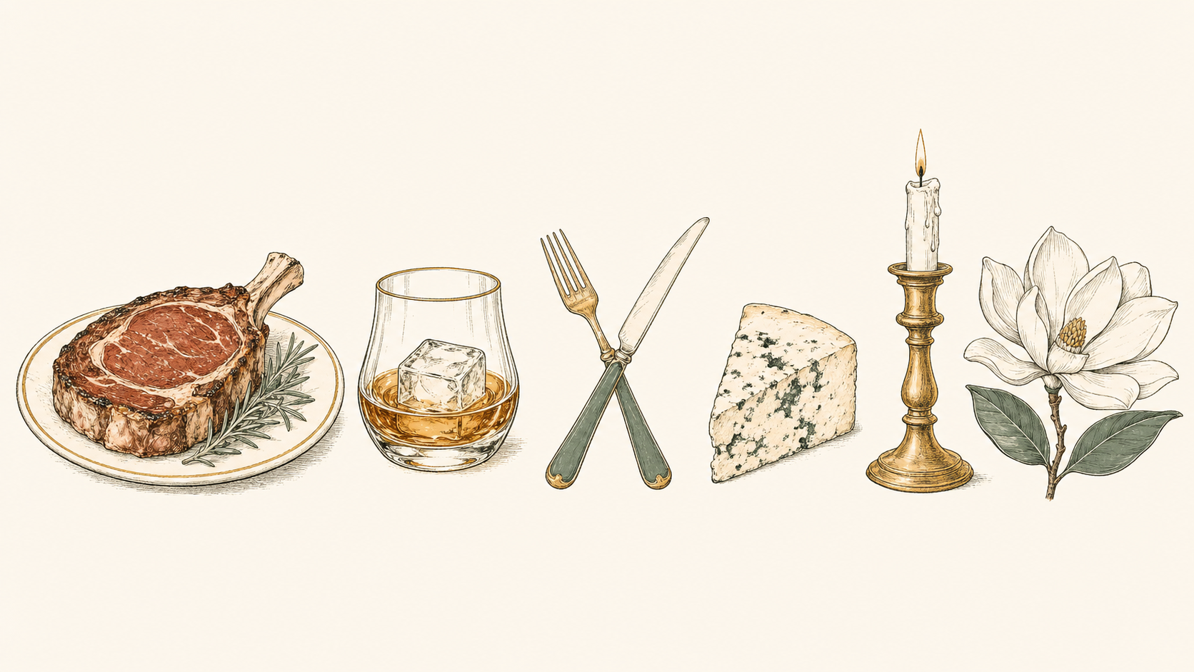 Illustrated steak on cast iron, whiskey glass, wine bottle, steak knife, and a magnolia