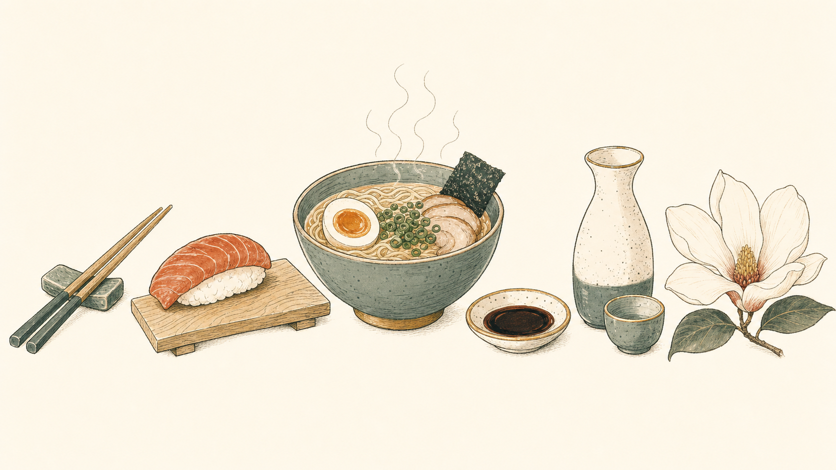 Illustrated nigiri, chopsticks, sake carafe, sashimi, and a magnolia