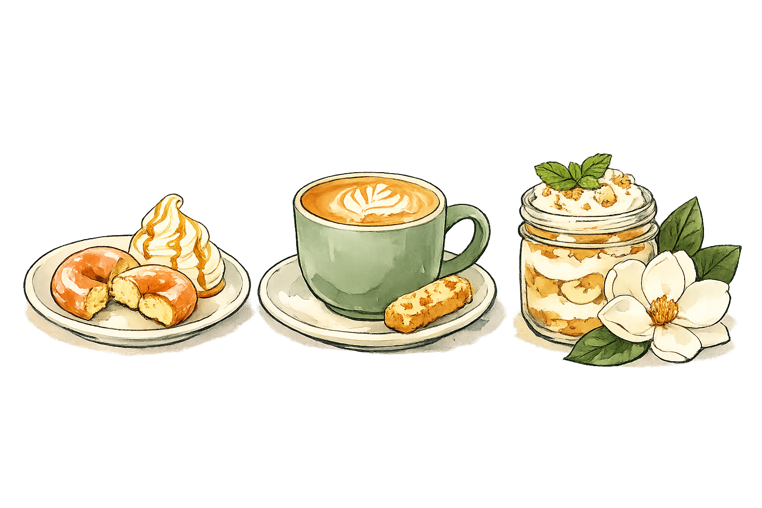 Illustrated donuts, soft-serve, coffee latte, and banana pudding with a magnolia