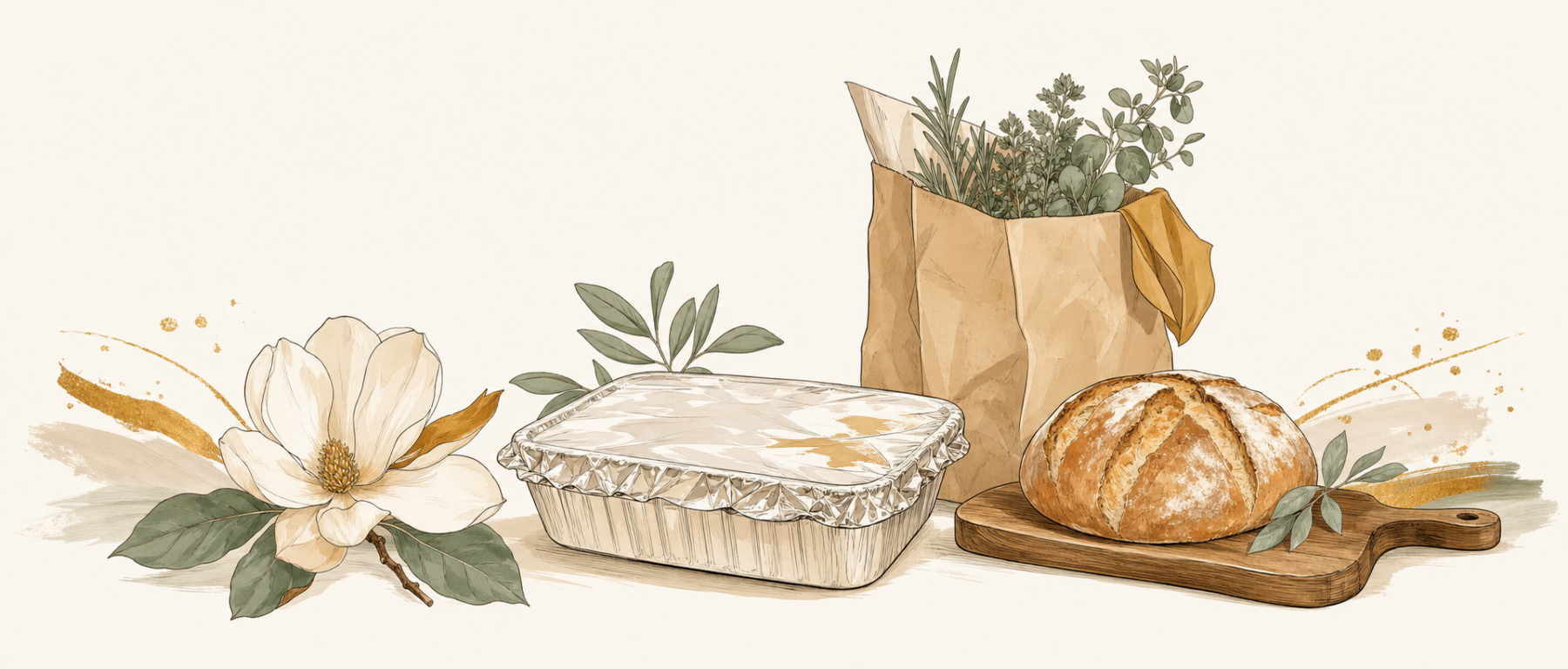 Illustrated foil casserole, grocery bag with fresh herbs, and rustic bread on a cutting board with a magnolia