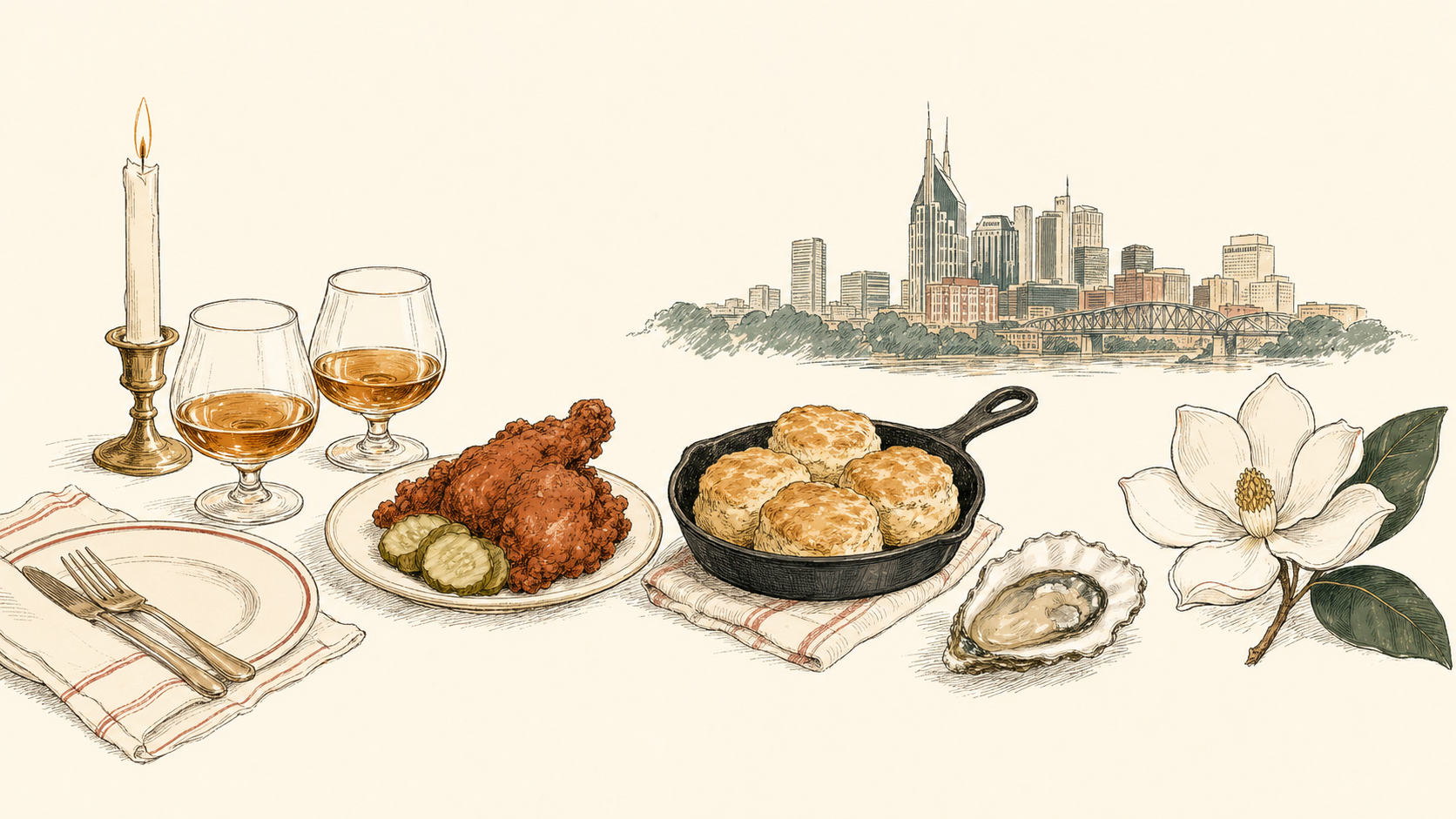 A candlelit outdoor Nashville dinner table with hot chicken, a bourbon Old Fashioned, biscuits, and a white magnolia — sunset over Craftsman rooftops
