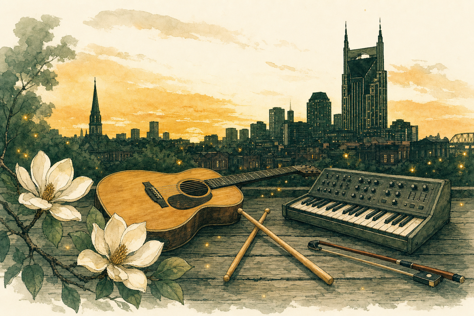 Nashville skyline at dusk with acoustic guitar, synthesizer, fiddle bow, and magnolia blossoms in the foreground