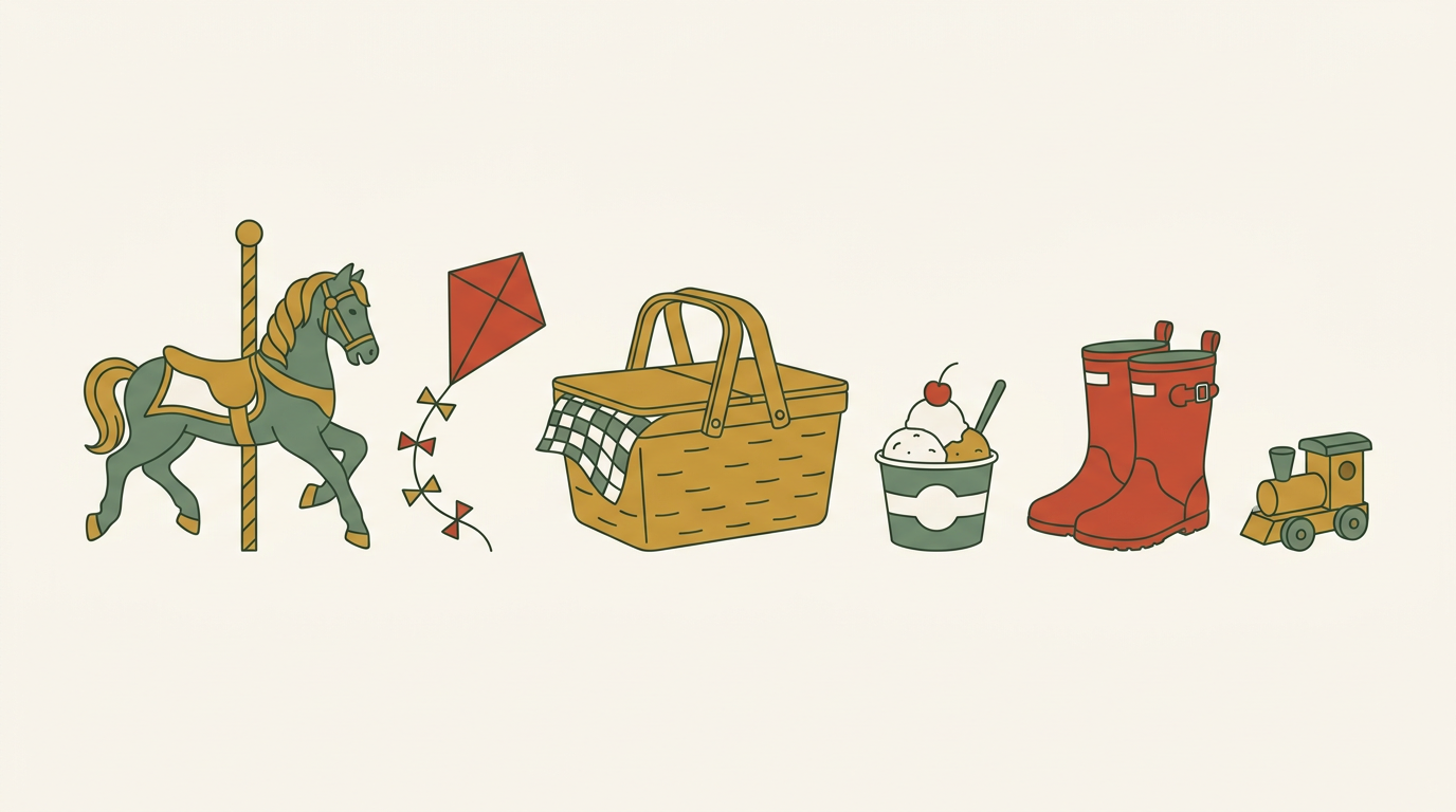 Illustration of Nashville family activities including carousel horse, picnic basket, and ice cream