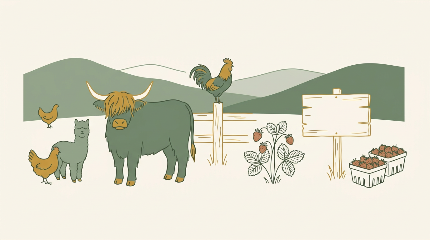 Illustration of Highland cow, alpaca, chicken and strawberry plant