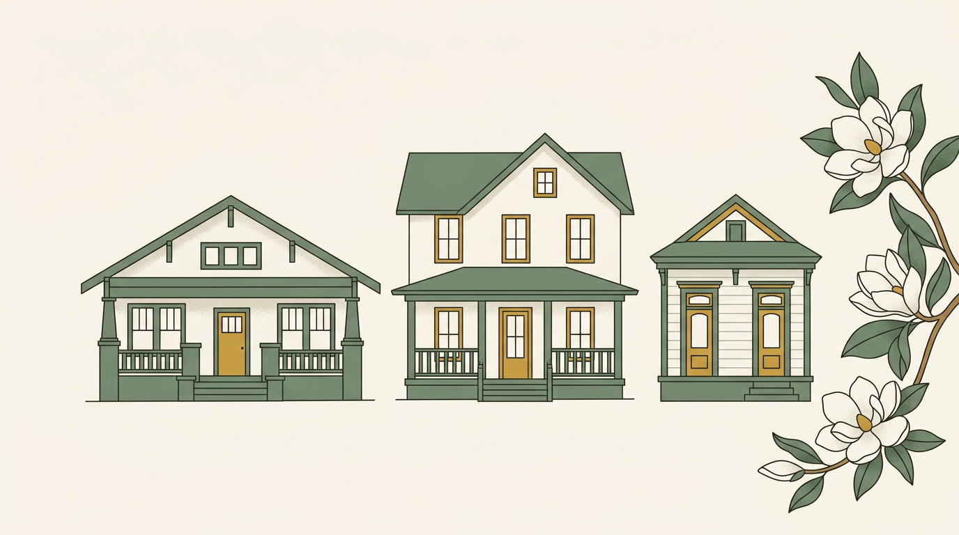 Illustration of three restored Nashville homes with magnolia branches