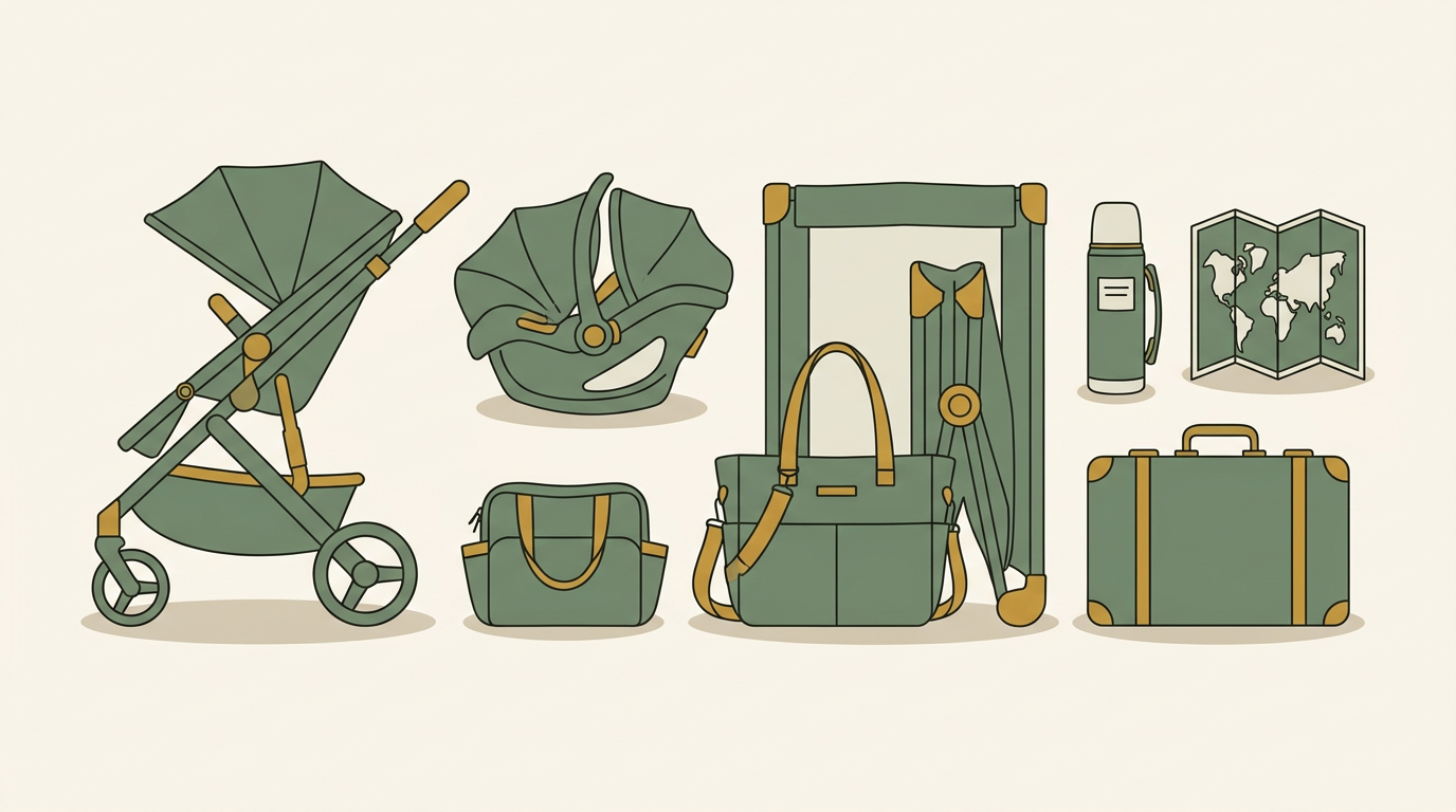 Illustration of family travel logistics including stroller, car seat and thermos