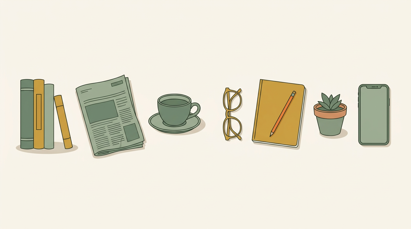 Illustration of family planning resources including books, coffee and notebook