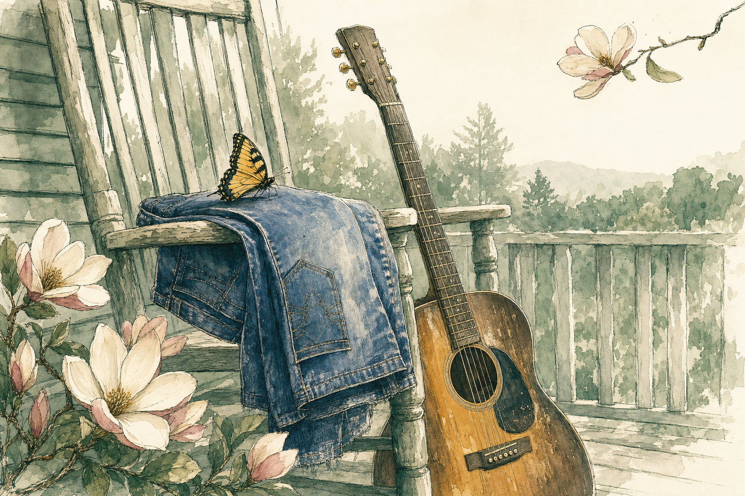 Faded denim jeans and a butterfly on a Southern porch rocking chair beside an acoustic guitar and magnolia blossoms