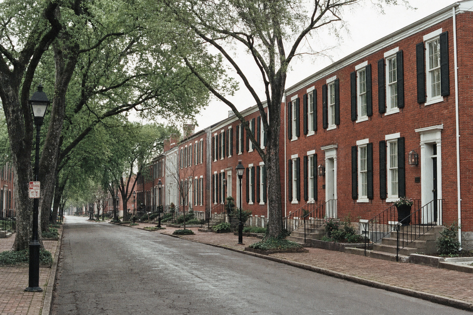 Historic Germantown Nashville residential street with restored red brick rowhouses, black shutters, and mature oak trees