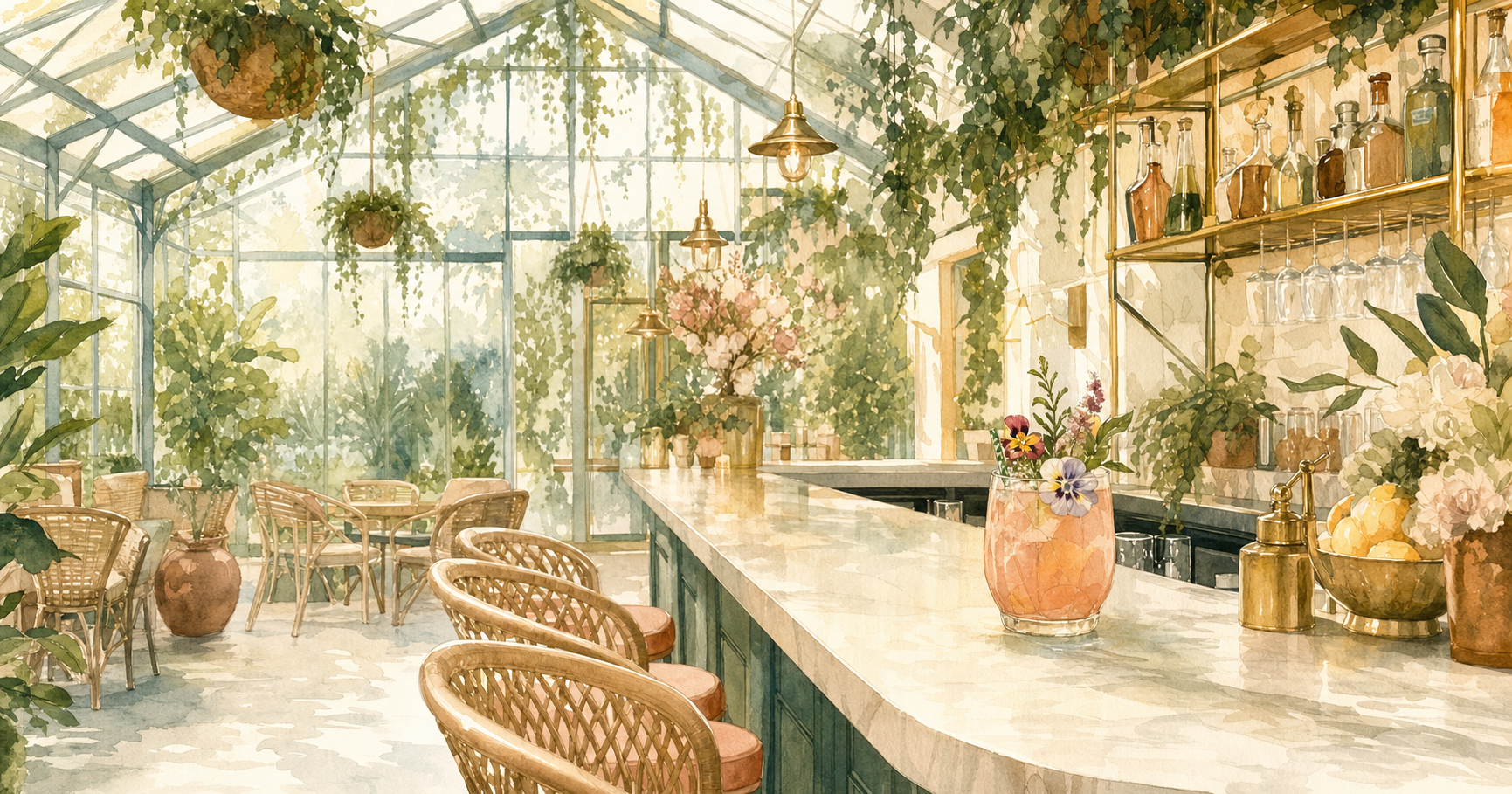 Watercolor illustration of The Greenhouse Bar in Nashville