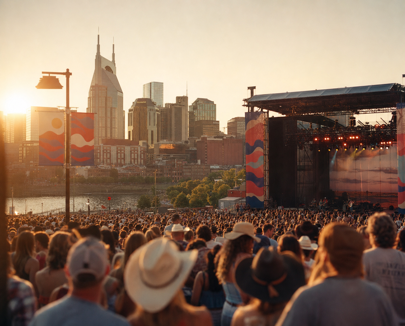 CMA Fest crowd on Lower Broadway Nashville at golden hour