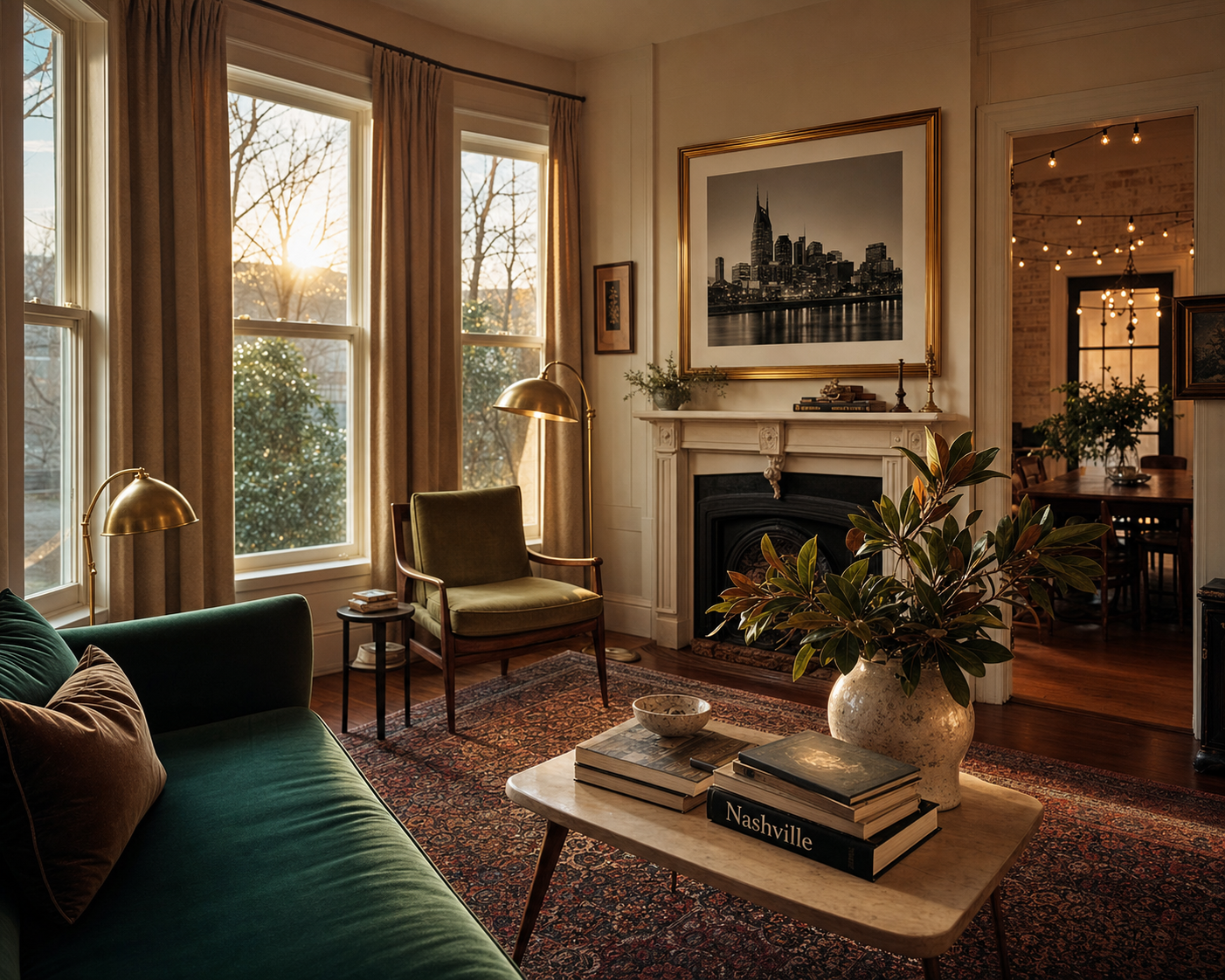 Luxury Nashville vacation rental interior at twilight