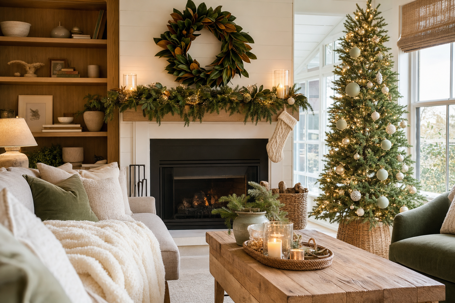 Boutique Nashville short-term rental living room decorated for Christmas — magnolia wreath, garland, tree with sage and cream ornaments