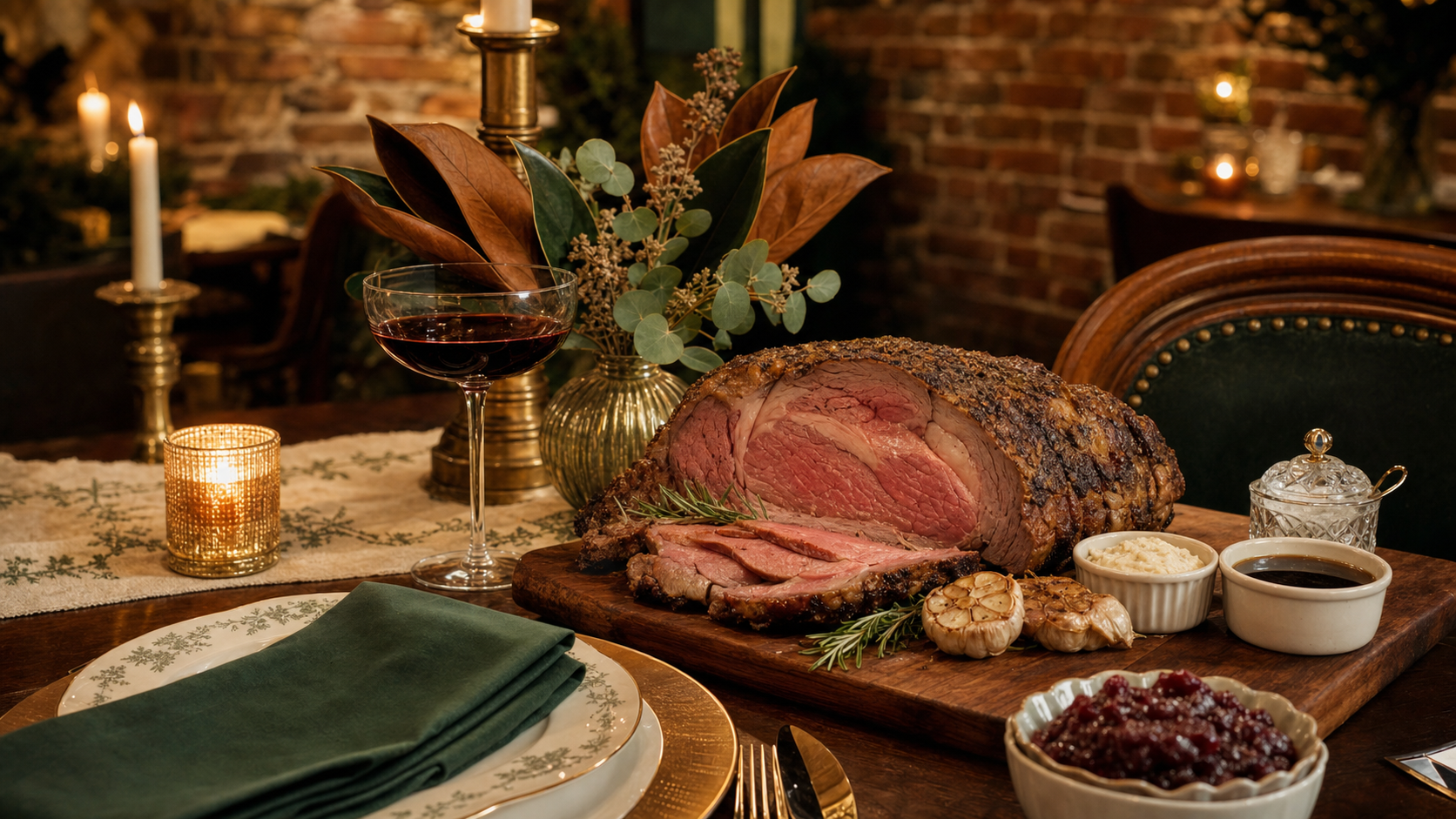 Nashville holiday restaurant table set for Thanksgiving Day — prime rib, magnolia and eucalyptus centerpiece, brass candles, sage-green napkin