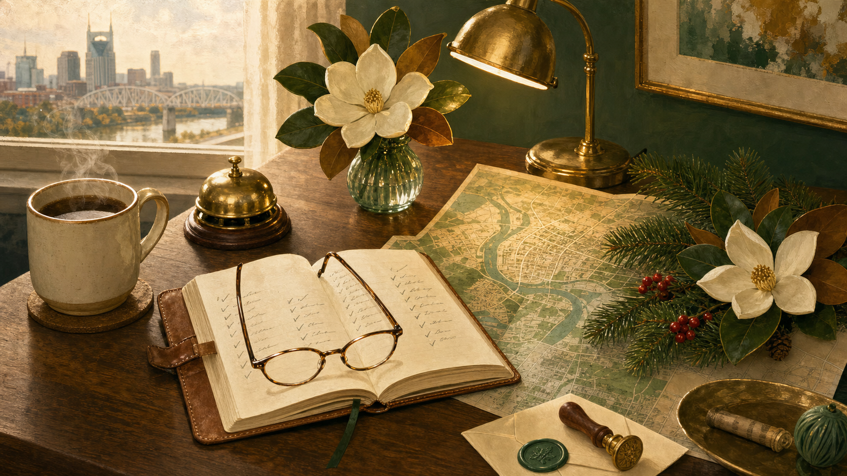 Nashville holiday planning desk — leather notebook with checkmarks, reading glasses, brass bell and lamp, folded map, magnolia bloom