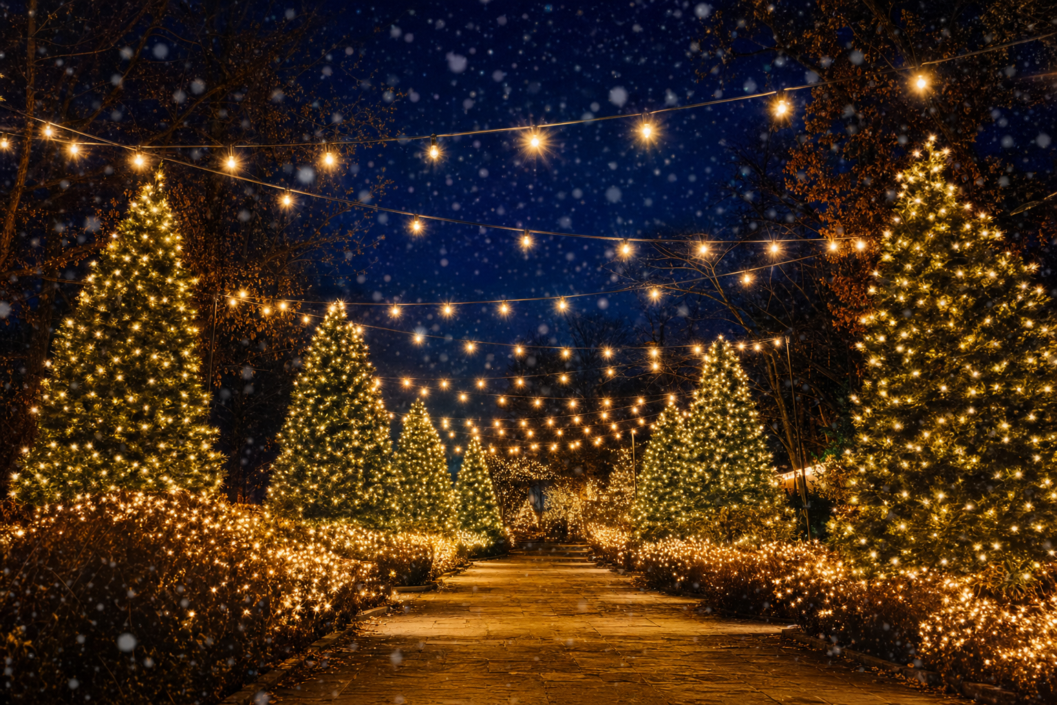 Nashville Christmas lights display — illuminated garden path lined with warm white lights and glowing Christmas trees