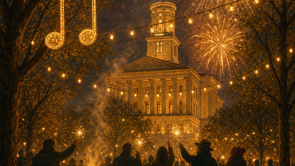 Nashville New Year's Eve — Tennessee State Capitol dome with warm gold fireworks, string lights, and sparklers