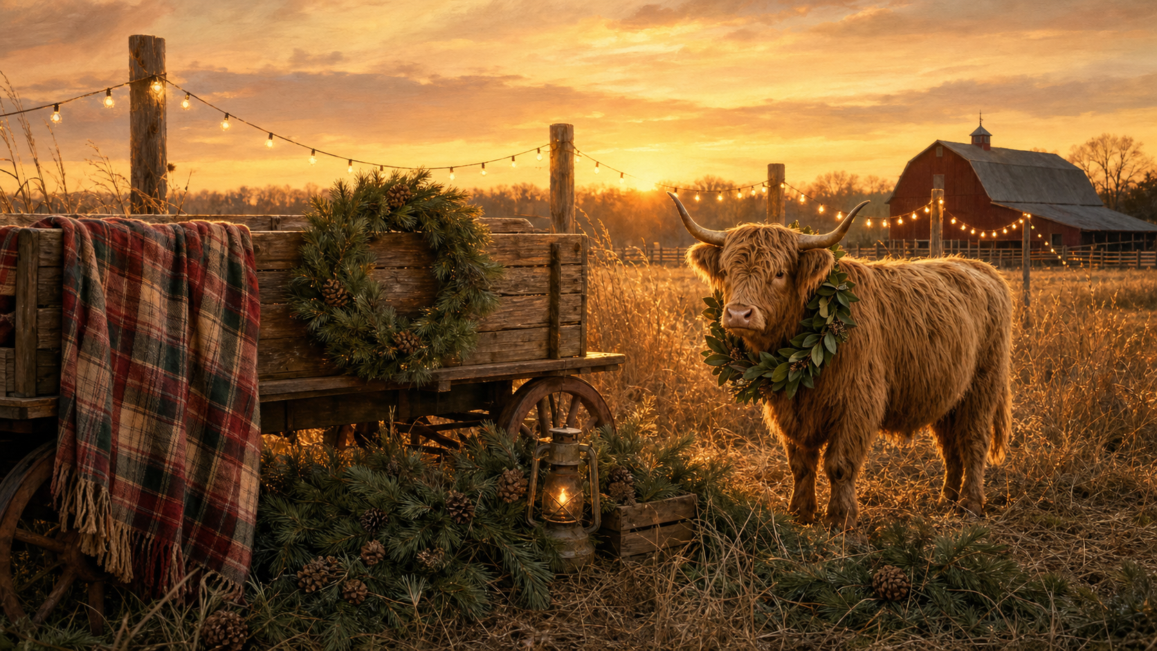 Nashville holiday family photo session at a Tennessee farm at golden hour — Highland cow with magnolia wreath, plaid-draped wagon, string lights, red barn