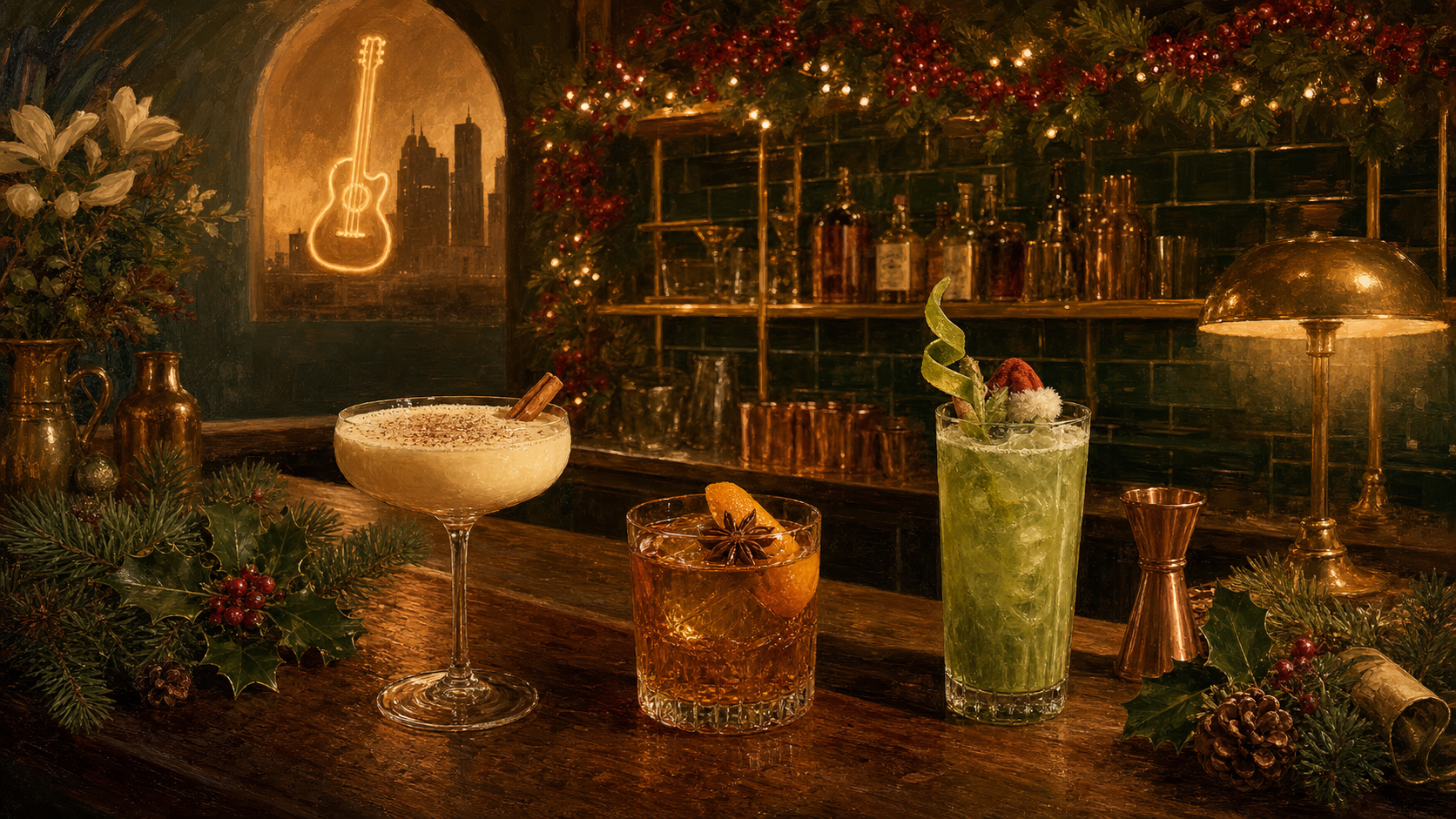 Nashville holiday pop-up cocktail bar — nog coupe, bourbon rocks, Grinch-green highball, holly garland and warm gold twinkle lights