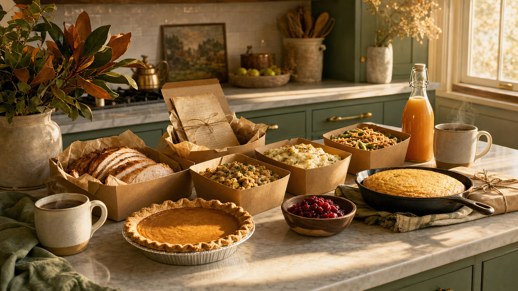 Nashville rental kitchen with a Thanksgiving take-and-bake spread — kraft paper containers, pumpkin pie, apple cider, cornbread in cast iron