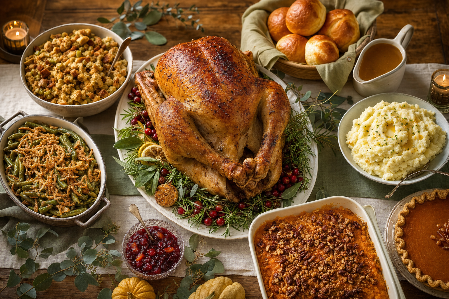 Thanksgiving dinner spread — roasted turkey, cornbread stuffing, sweet potato casserole, cranberry sauce, pumpkin pie
