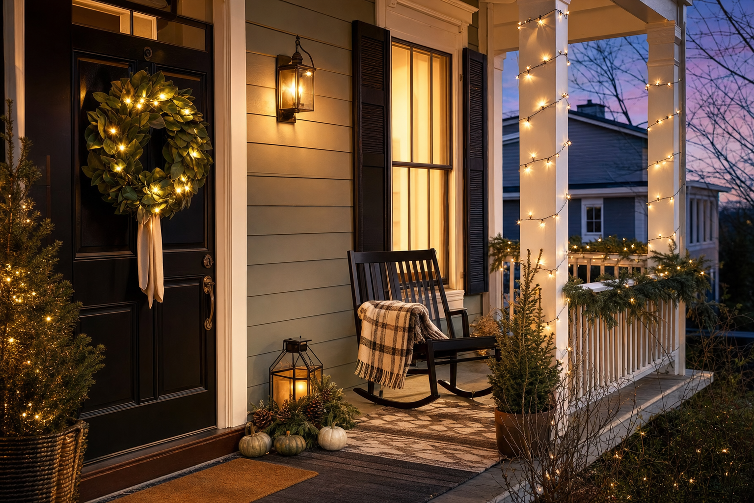 Nashville front porch decorated for the holidays at dusk — magnolia wreath, string lights, rocking chair with plaid throw