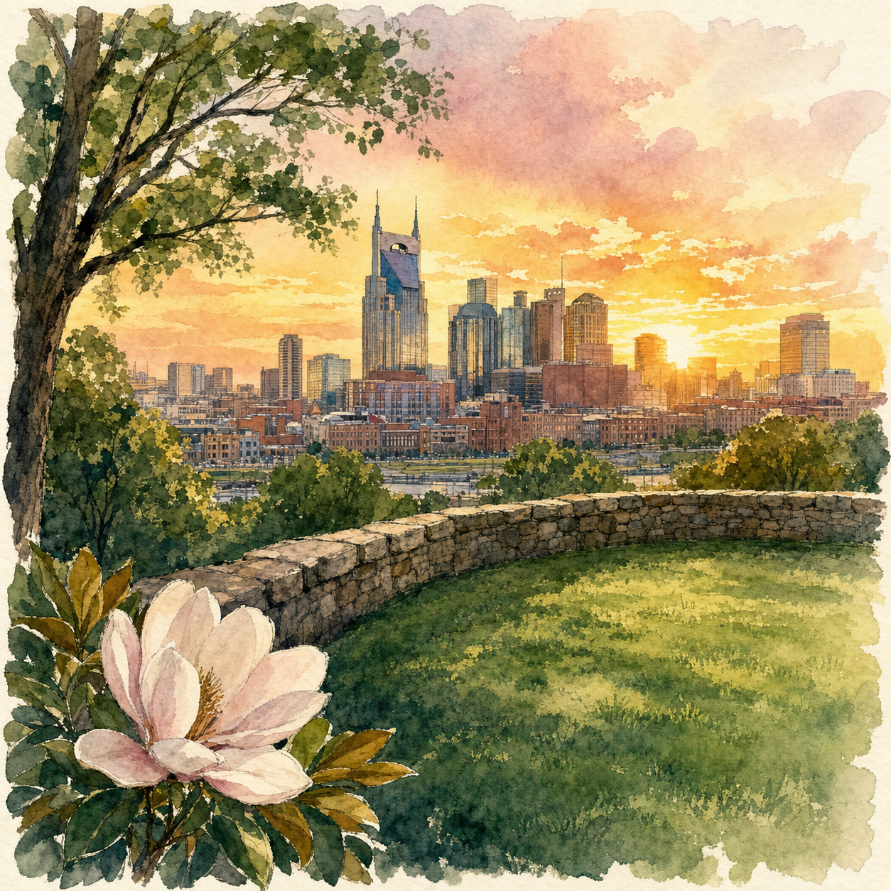 Watercolor illustration of Love Circle overlook at golden hour with the downtown Nashville skyline in the distance and a magnolia bloom in the foreground
