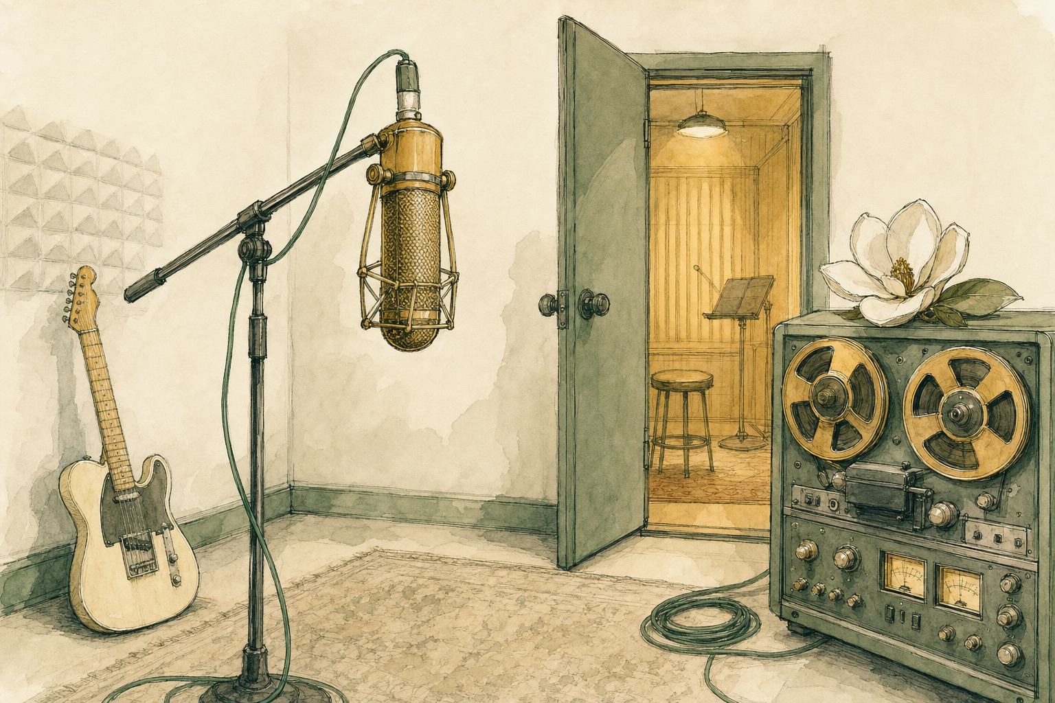 Music Row Nashville recording studio with ribbon microphone, Telecaster guitar, and vintage reel-to-reel tape machine