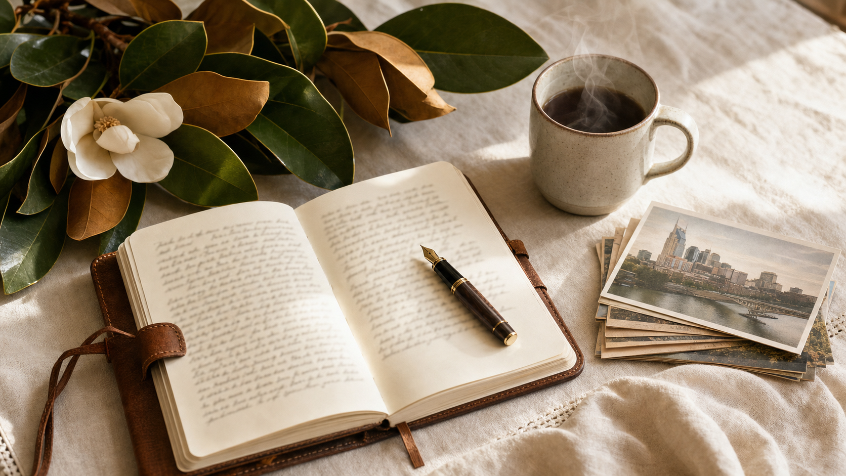 FAQ section illustration with journal, coffee, and Nashville postcards