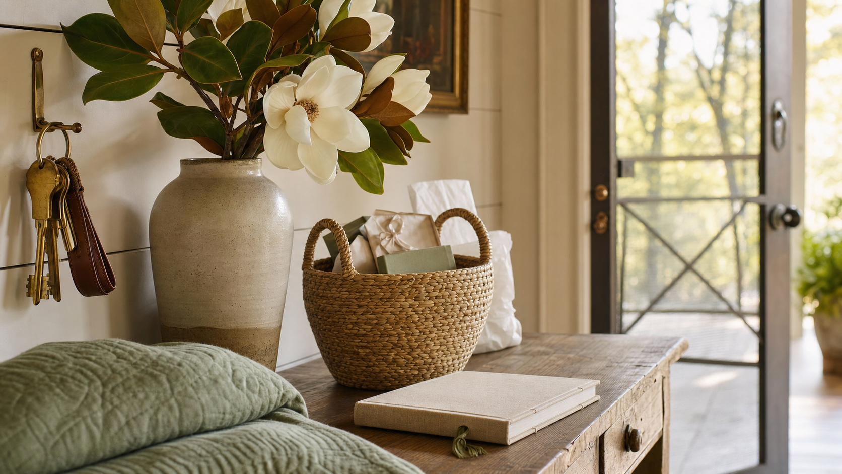 Nashville vacation rental entryway with keys, stoneware vase, and welcome basket