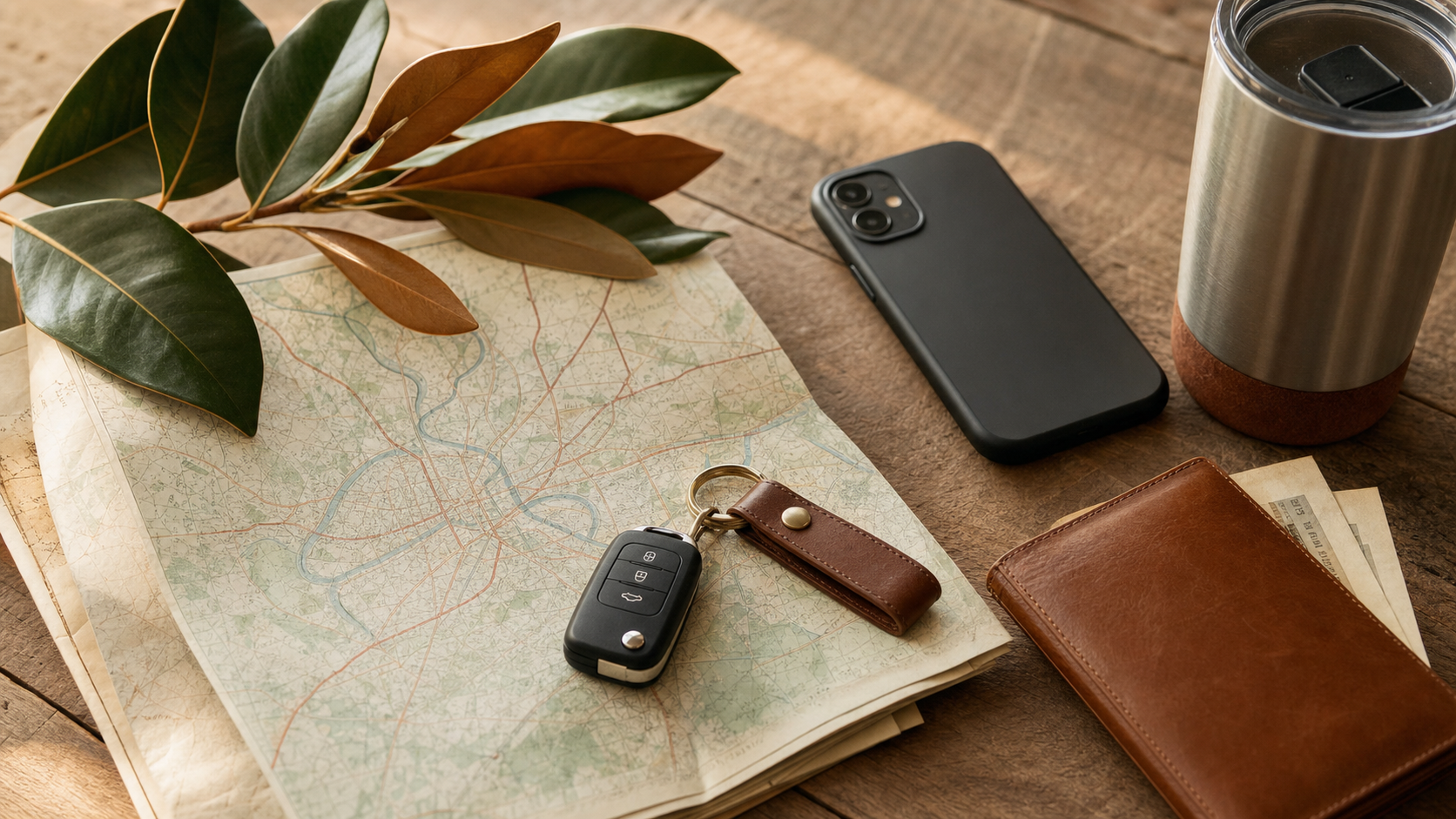 Nashville holiday travel logistics — brass room key, folded travel map, and pine sprig on a warm wood table