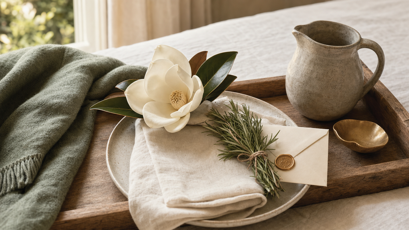 Music City Magnolia promise still life with linen and magnolia bloom