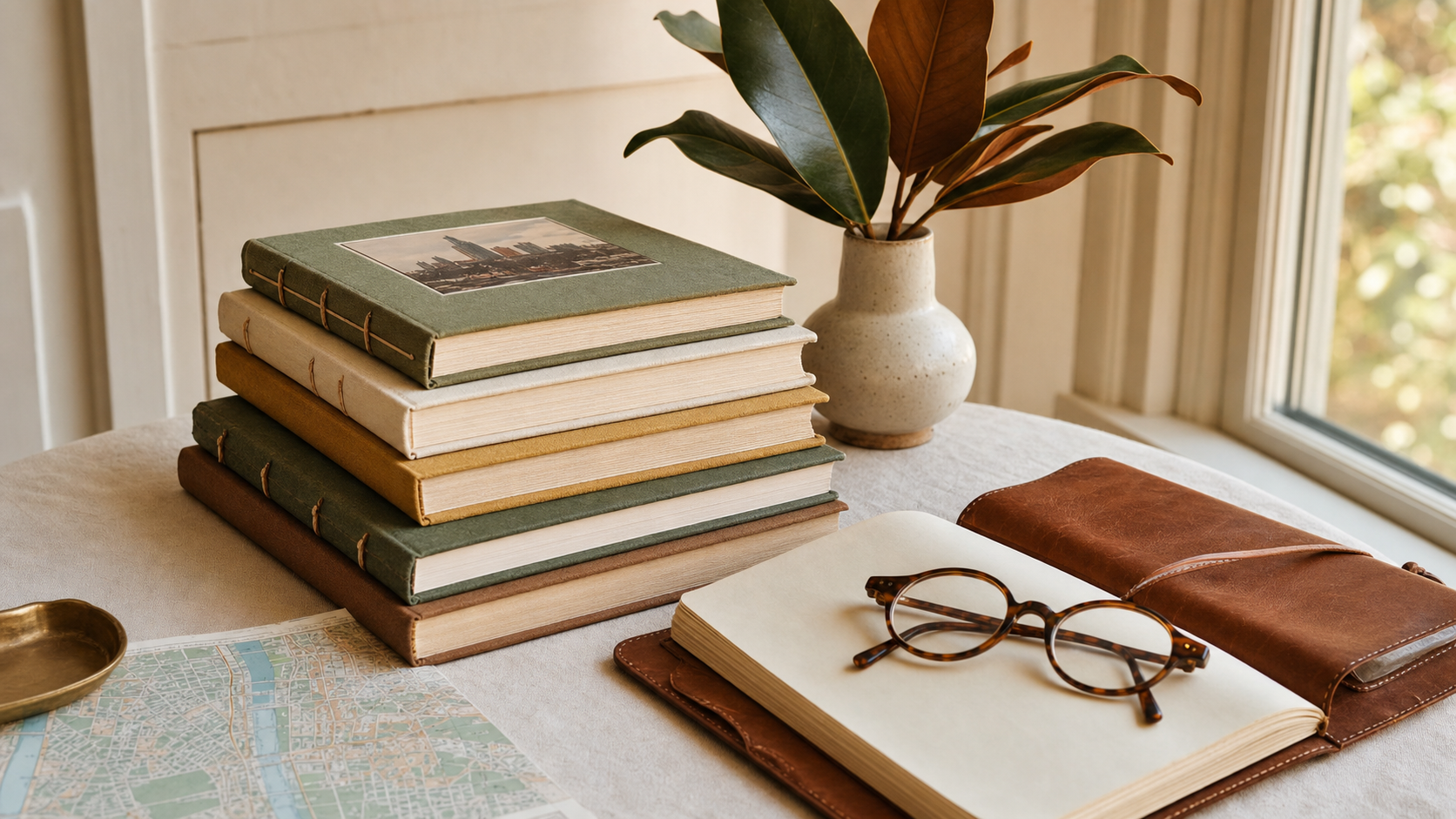 Stack of hand-bound Nashville guidebooks with reading glasses