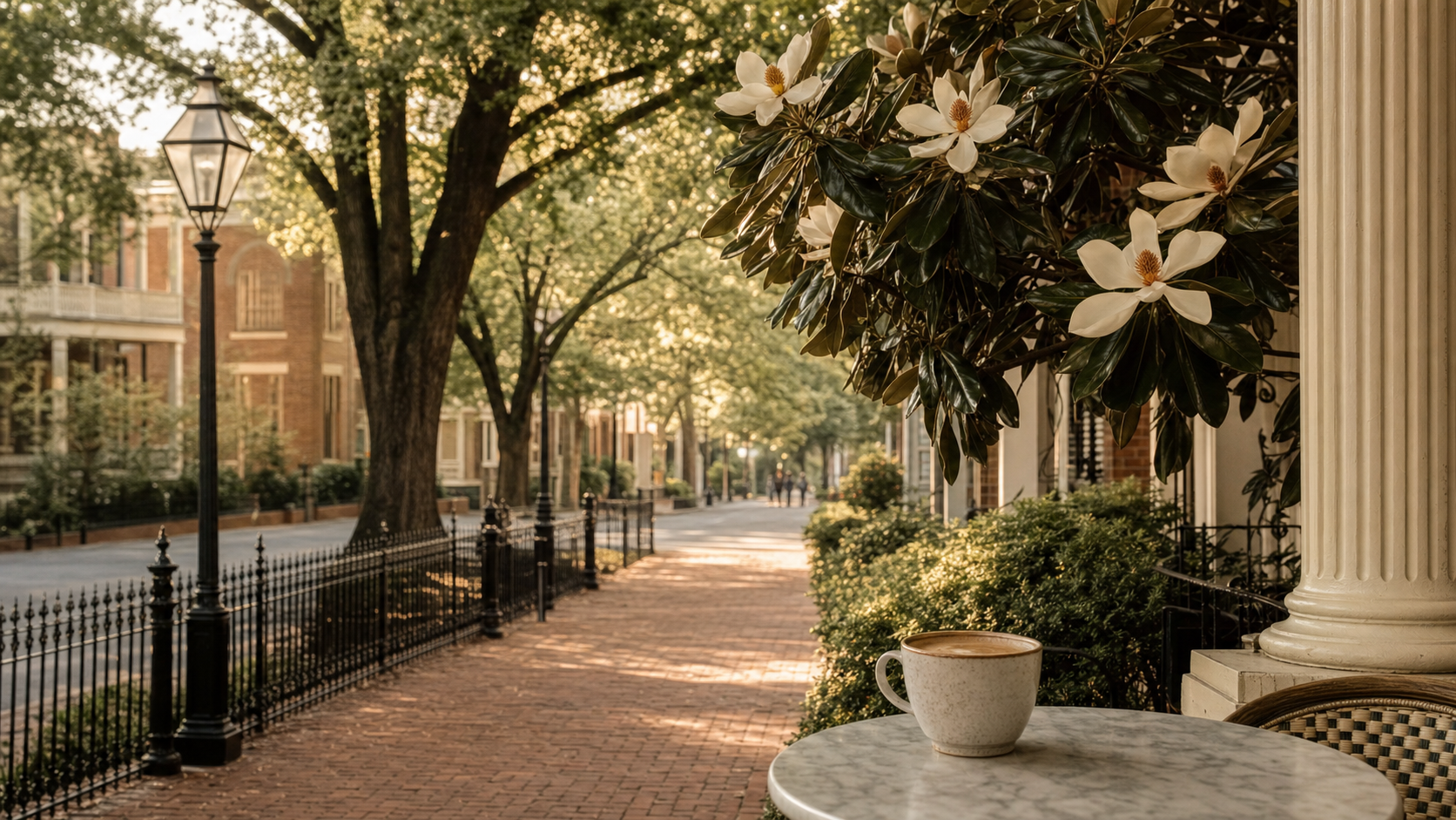 Historic Nashville street morning scene with magnolia and coffee