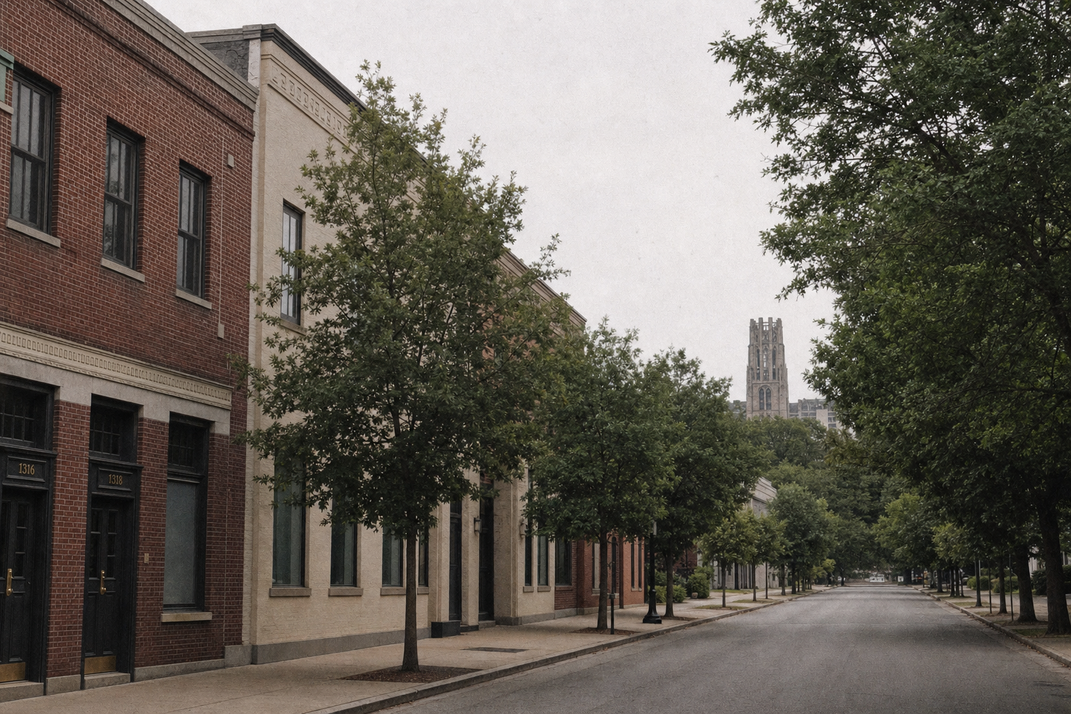 Music Row Nashville historic converted brick and stucco recording-industry buildings with a Vanderbilt Gothic tower visible in the distance
