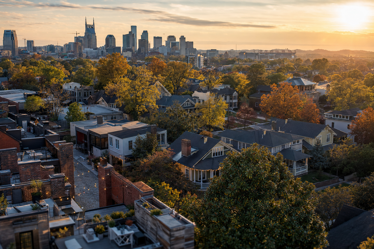 Aerial view of Nashville neighborhoods at golden hour with downtown skyline in the background