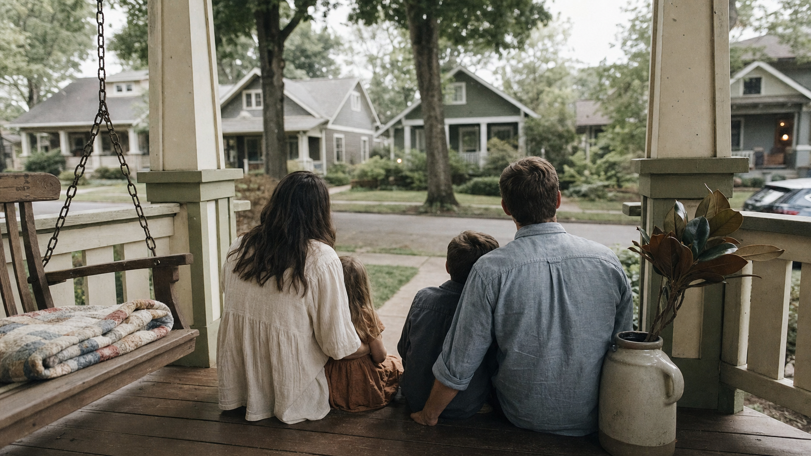 Nashville family sitting on the front porch of a boutique vacation rental at golden hour