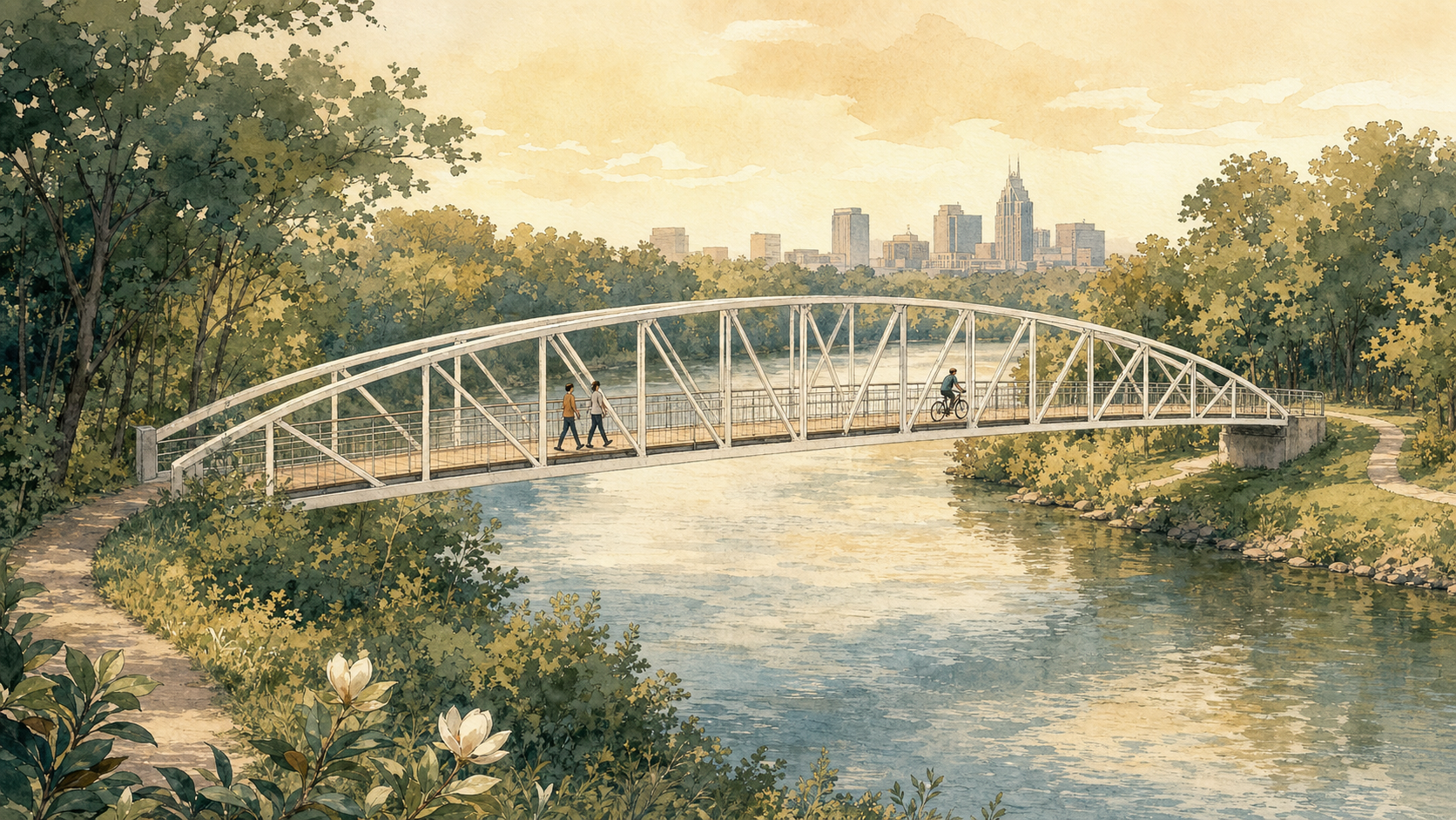 Illustration of the Cumberland River Pedestrian Bridge connecting Two Rivers Park in Donelson to Shelby Bottoms Greenway in East Nashville, with the Nashville skyline in the distance