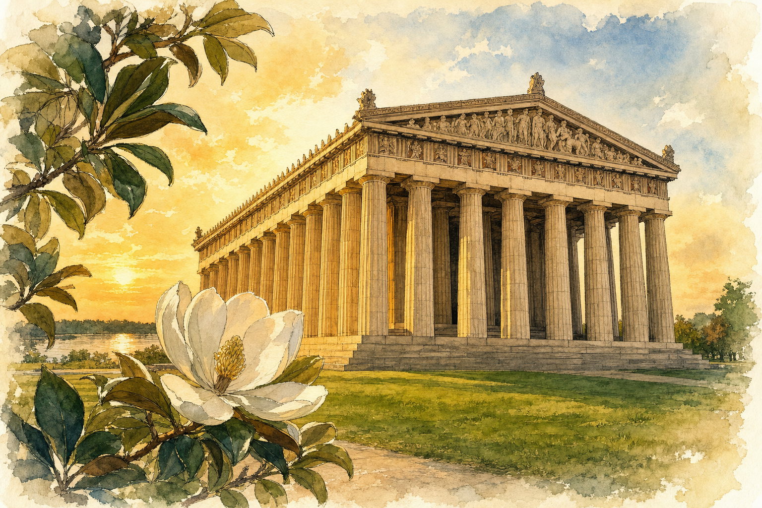 Watercolor illustration of the Parthenon at Centennial Park at golden hour with a magnolia bloom in the foreground