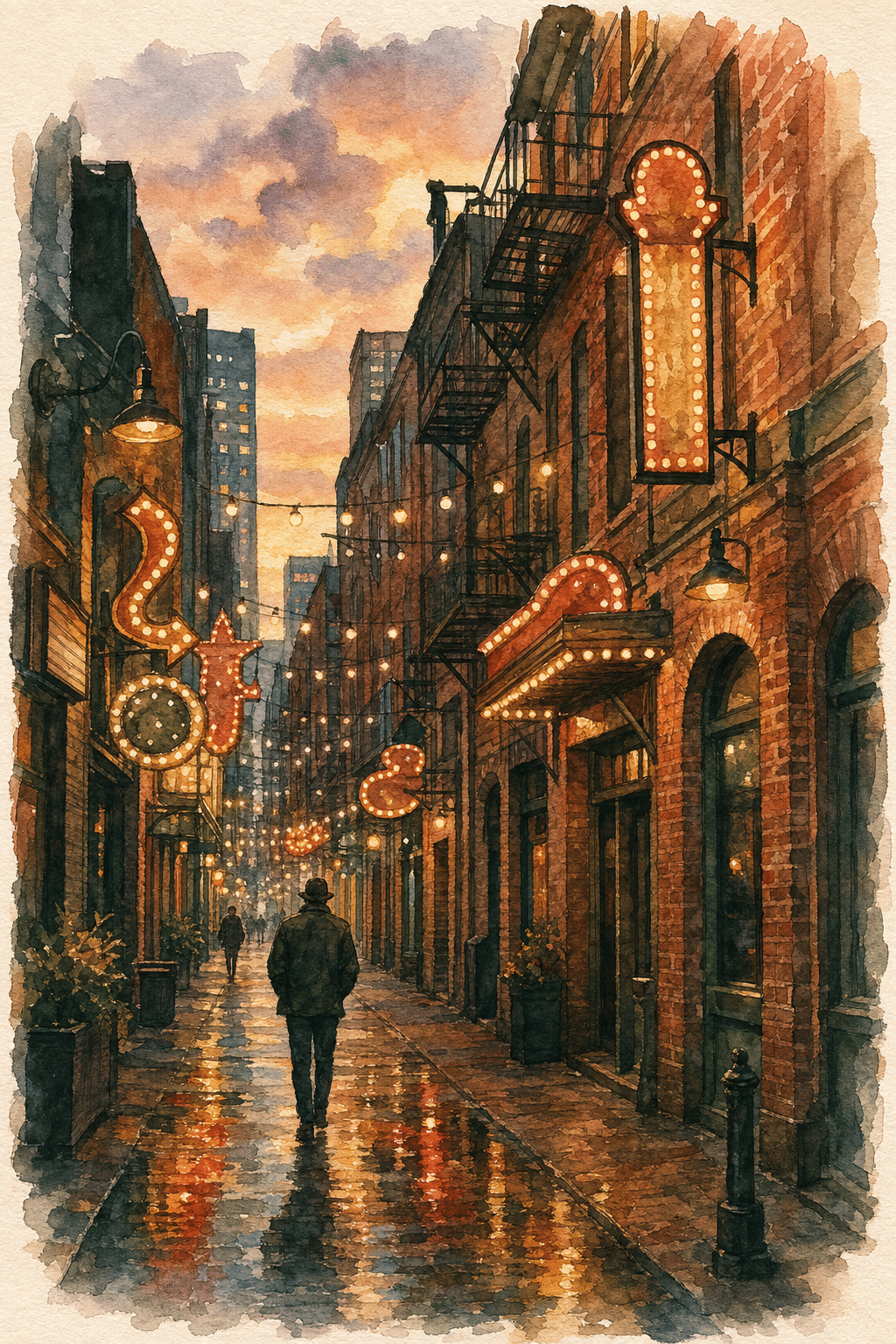 Watercolor illustration of Printer's Alley Nashville at dusk with neon signs and historic brick